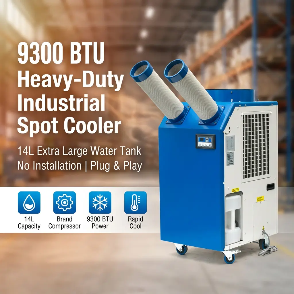कार्यशाळेसाठी OEM 14L मोठी टाकी 2700W पॉवर 9300BTU रोटरी कंप्रेसर पोर्टेबल स्पॉट कूलर इंडस्ट्रियल एअर कंडिशनर